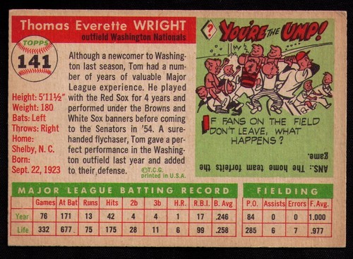 1955 Topps #141 Tom Wright SIGNED AUTOGRAPHED Washington Nationals $1 SHIP - Picture 2 of 2