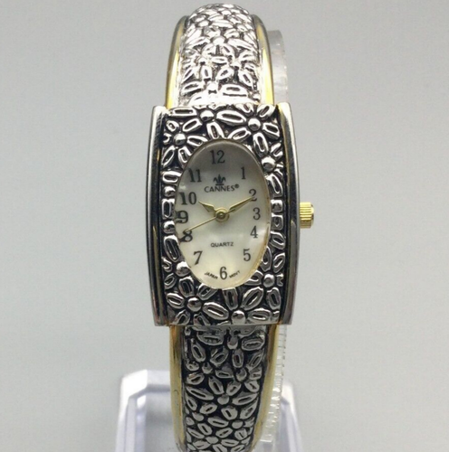 Cannes Daisy Watch Women 20mm Silver Gold Tone Oval Dial Cuff New Battery 6.25"