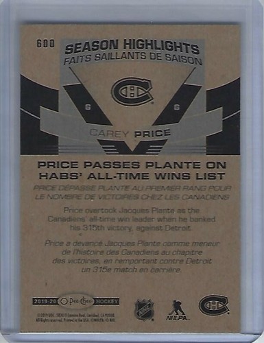 2019-20 O-Pee-Chee #600 Carey Price Saison Highlights - Bild 2 von 2