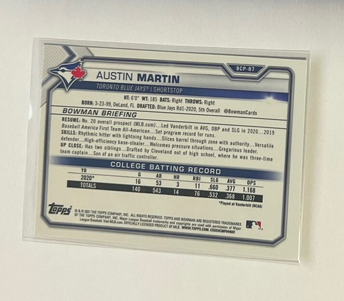 2021 Bowman 1st Chrome Austin Martin #BCP-87 Mojo Refractor Blue Jays - Picture 2 of 2