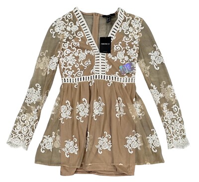 Forever 21 Womens Woven Sheer Embroidered Dress Size Small Nude Creaam  Brand New | eBay