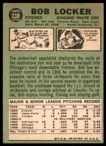 Topps Bob Locker 1967 Chicago White Sox #338 - Imagen 2 de 2