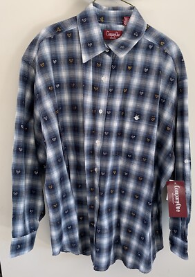 NEW Company One Women's Button Up Shirt Blu/White Plaid w/Gold & Silver Hearts