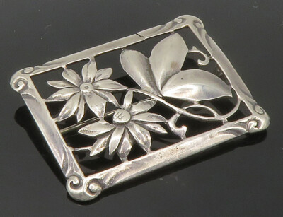 piii♡ 925 Sterling Silver Vintage Daisy Flowers Swirl Border Brooch Pin