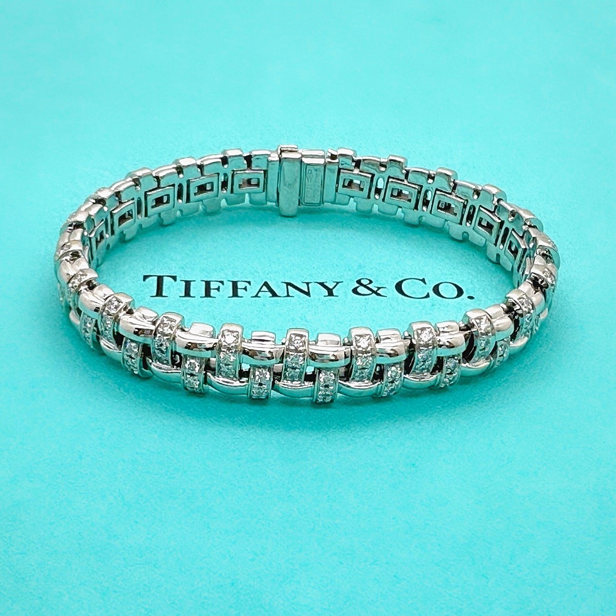 Tiffany Co Vannerie Basket Weave Diamond Bracelet in 18kt White
