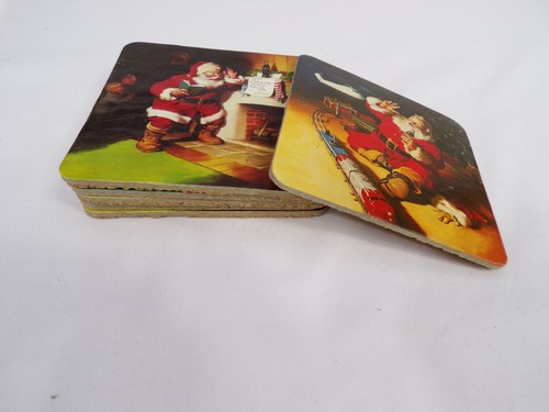 Vintage Set 6 Coca Cola Weihnachtsuntersetzer Weihnachtsmann Bilder Kork Quadrat Taiwan K23 - Bild 7 von 9
