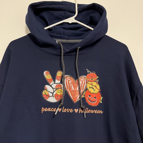 Peace Love Halloween Hoodie Size Large L Navy Blue/Orange Fall Pullover Sweater