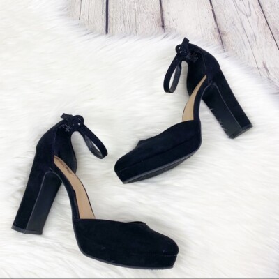 90s Y2K BRASH HOUSTON Black Velvet Chunky Platform Heels 10 Ankle Strap 4.5''