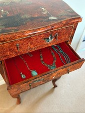 Antique Asian Hand Painted Chest Drawers Jewellery Storage Box Red Velvet VGC