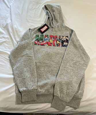 Marvel Gray Pullover Hoodie Men s M Fleece Cotton Blend Graphic Logo Pockets