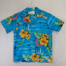 Vintage Shoreline Hawaii Mens Blue Floral Hibiscus Aloha Shirt Small Made in USA