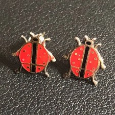 B1801 VNTG 925 Sterling Silver Red Black Enamel Ladybug Stud Earrings Miniature