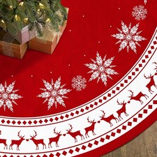 48inch , Christmas Tree Skirt 48 inch Large Tree Skirt Snowflake Reindeer Red