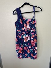 Eliza J Floral One-Shoulder Dress 10P Blue Pink Sleeveless Cocktail Party Polyes