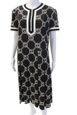 Gucci Women Shift Dress Black Geometric Full-Length Short Sleeve Zip Size XL