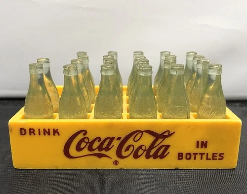 Vintage Coca Cola 22 Miniature Green Coke Bottles in Mini Plastic Yellow Crate