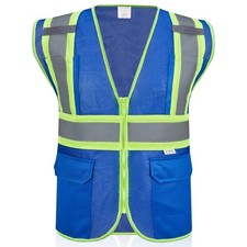 High Visibility Reflective Safety Vest with Zipper and Pockets Blue,M