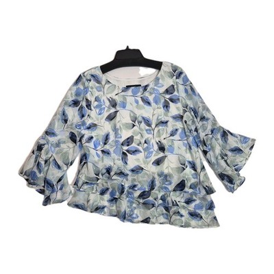 Alex Evenings Women's Size SP Floral Printed Tiered ¾ Sleeve Blouse Blue Mult 69