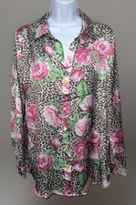 Guess Womens Silky Button Down Blouse, Pearl Buttons, Long Slv, Multicolor Sz M