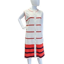 Vintage 60s Nubby Double Knit Sleeveless Striped Button Front Midi Shift Dress