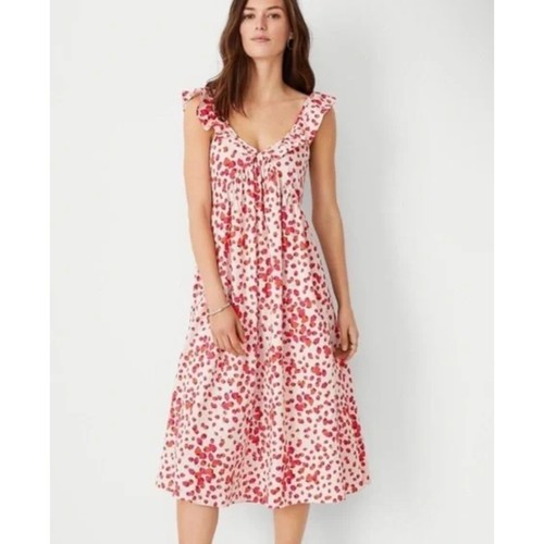 Vestido acampanado Ann Taylor mezcla lino fresa manga volantes 12 - Imagen 2 de 8
