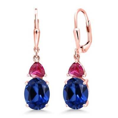 18K Rose Gold Plated Silver Created Sapphire and Created Ruby Dangle Earrings