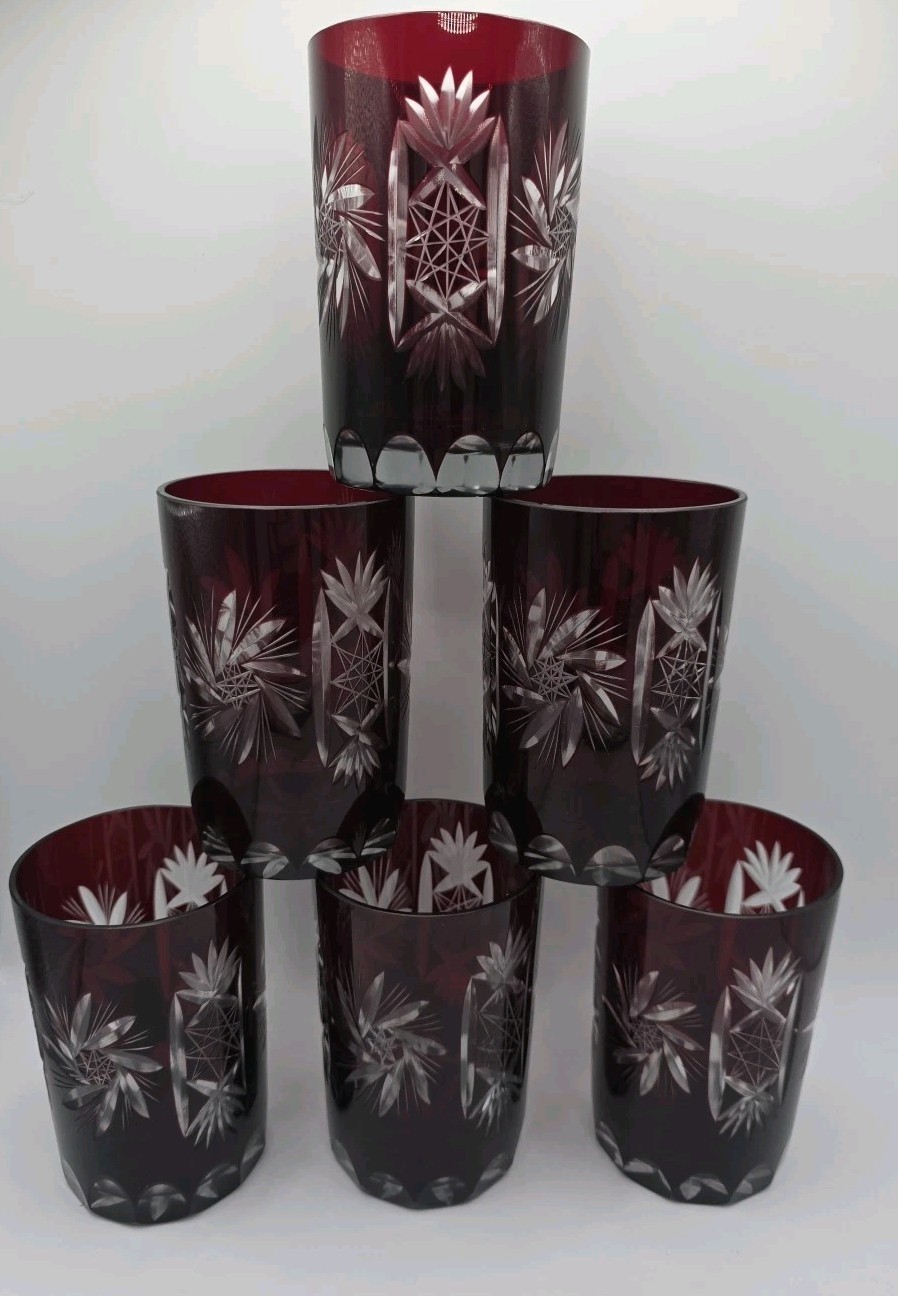 Set of 6 Bohemian Crystal Ruby Red Cut to Clear Tumblers Old Fashioned Glasses