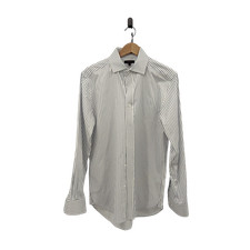 Quince Women Organic Cotton Stretch Twill Dress Shirt Grey Stripe Sleeved Top M