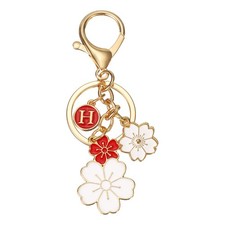 Initial Keychain Flower Charm Letter-H Key Chain Cute Cherry Blossom Red