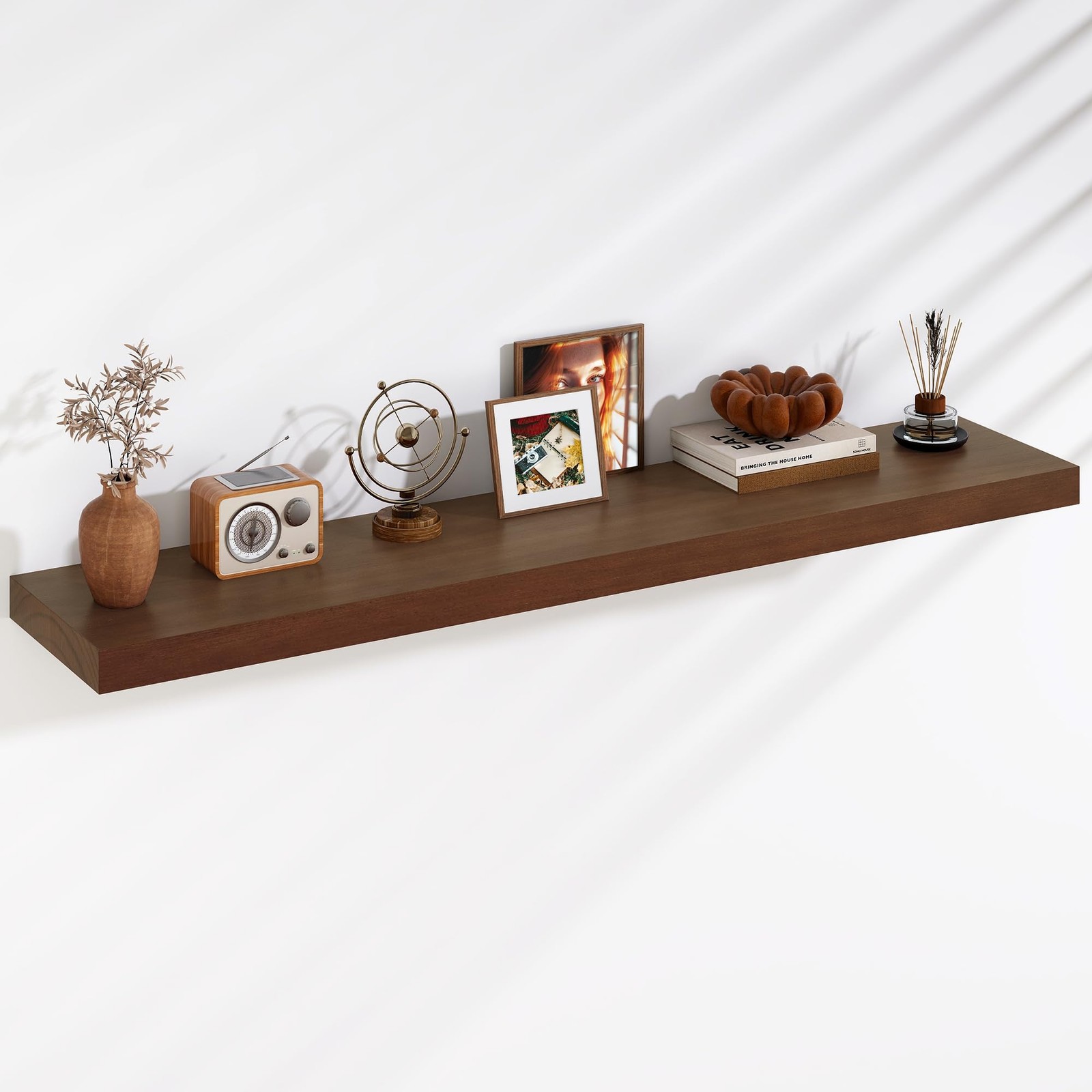 Floating Shelves, 9.3 Inch Deep Solid Pine Wood Wall Shelves for Storage, Rus...