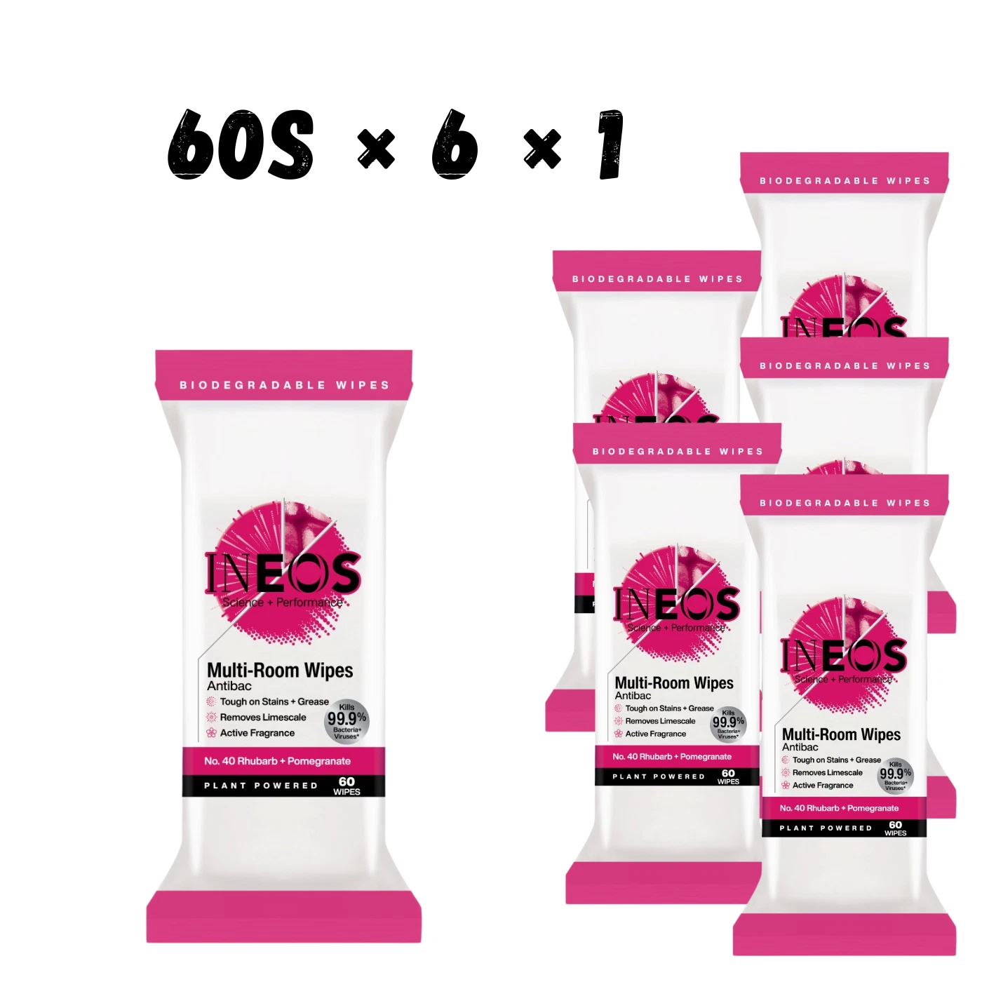 INEOS Antibac Multi-Room Biodegradable Wipes Rhubarb + Pomegranate 60s × 6 × 1
