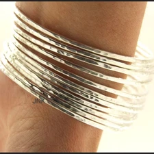 Set of 7 Sterling Silver Hammered Stacking Bangles Semanario Bracel Bangles Si90