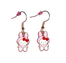 Easter Hello Kitty Pink Bunny Costume Red Ribbon Gold Plated Dangle Drop Earring