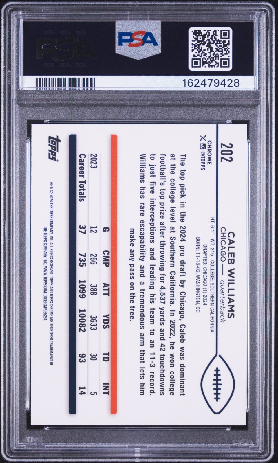 162479428 Caleb Williams 2024 Topps Chrome Sapphire Edition #202 Rookie RC PSA 9 view 2