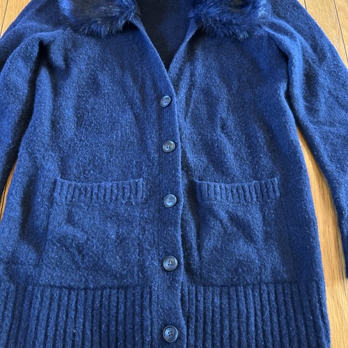 Banana Republic Half Button Down V-Neck Faux Fur Collar Navy Blue Wool Sweater S - Bild 2 von 6