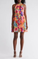 Vince Camuto Ruffle Halter Dress Women's 10 Multi Floral Button Zip Closure