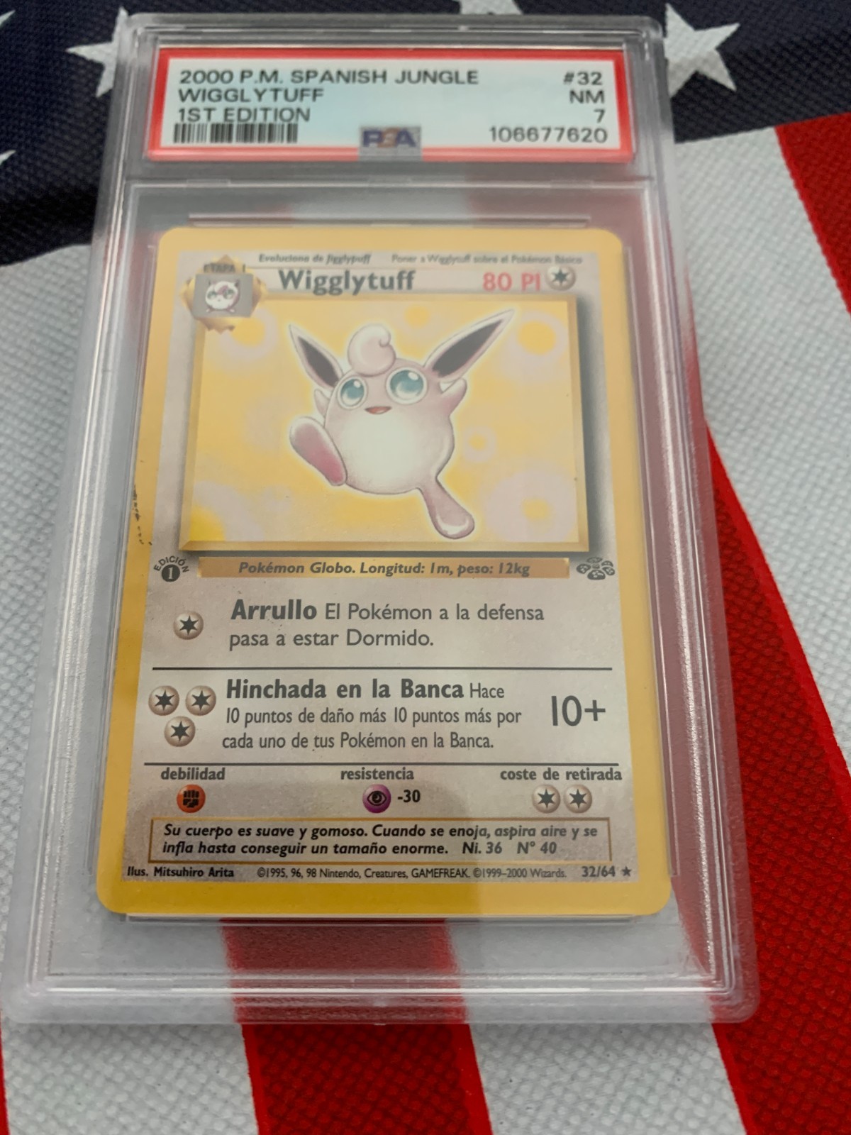 PSA 2000 P.M. Spanish Jungle, WIGGLYTUFF, Stage 1, 1st EDITION #32 Clean Card view 1