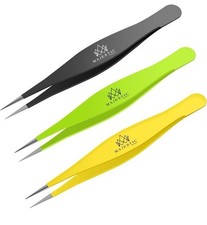 Majestic Bombay Fine Point Tweezers 3-Piece Set   Black, Green  Yellow Precisio