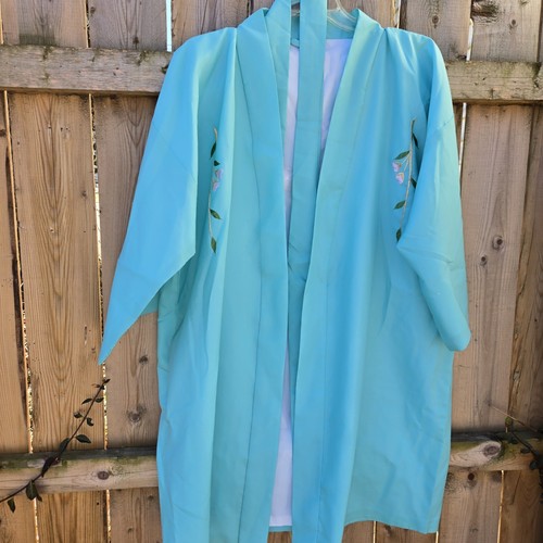 Vtg Robe Women One Size Blue Japanese Kimono Embroidered Floral Oriental - Picture 17 of 17