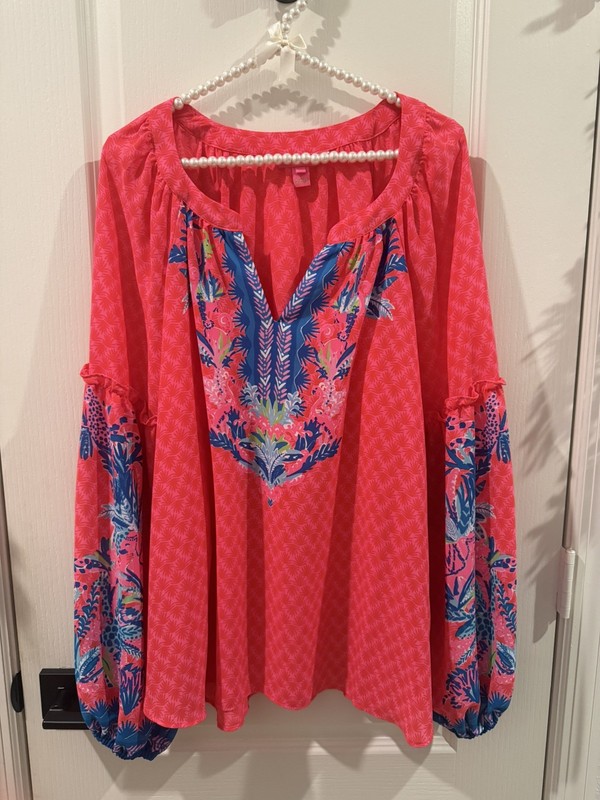 Lilly Pulitzer Zaid Herd You Coming Pink Longsleeve Blouse Size XL 