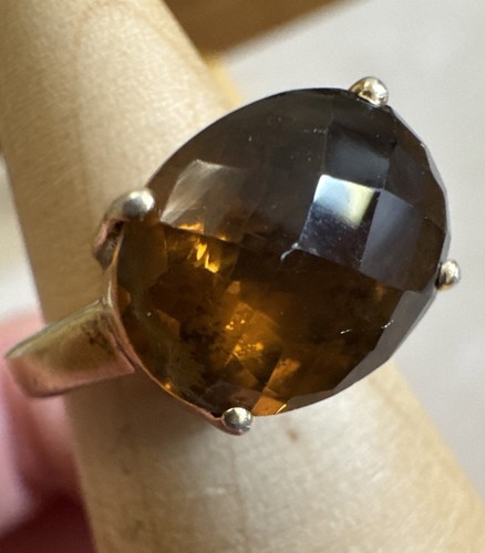 STUNNING Oval Smoky Quartz Gemstone 925 Sterling Silver Gold Plated Ring Size J - Picture 7 of 17
