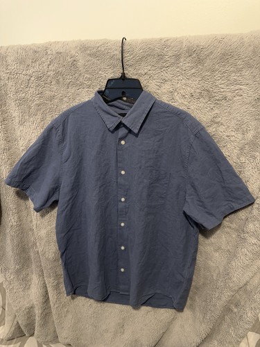 GAP Shirt Mens Medium Blue Short Sleeve Linen Cotton Button Up Plain Collared - Picture 3 of 10