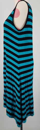 Women's Ann Taylor LOFT Blue Black Striped Asymmetrical Dress Soft Small Stretch - Picture 2 of 5