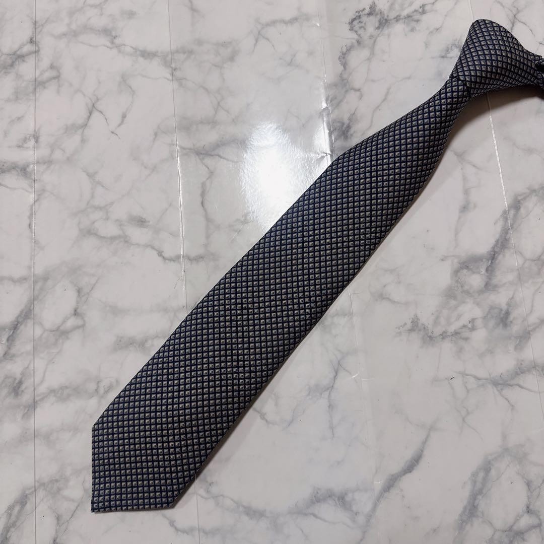 Hermes Necktie Navy Gray Square Pattern Near Used… - image 1