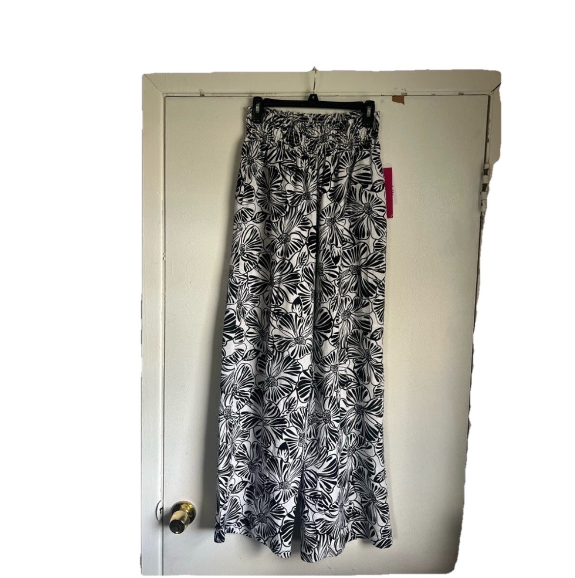 Sunny Leigh 100 % Linen Wide-Leg Pants Black White Floral Elastic Waist Women M
