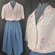 Vintage Sheridan Square White S/S Blouse w Pink Floral Print Size 20W