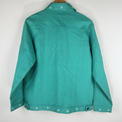 Denim & Co Women’s Medium Teal Denim Jacket with Floral Accents - Picture 2 of 8