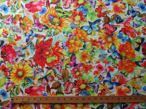 Butterfly Dragonfly Butterflies Flowers Floral Bright Stunning Cotton Fabric FQ - Picture 4 of 7