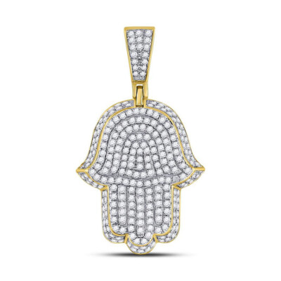 L U DIAMONDS 10K Yellow Gold Mens Diamond Hamsa Charm Pendant 1-1/4 CT