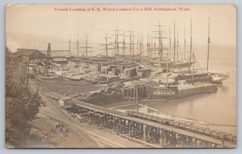 1910 RPPC Bellingham WA Lumber Co. Schiffe Verladehafen, Docks Lastkahn Postkarte